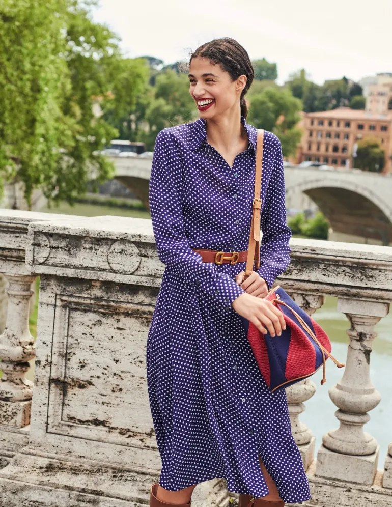 Kate Midi Shirt Dress-Navy, Dotty-Boden Best