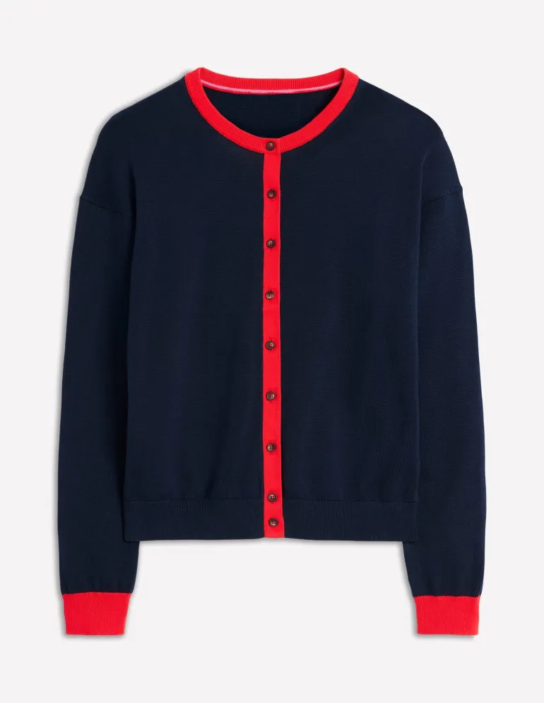 Lara Relaxed Cotton Cardigan-Navy, Poppy Red-Boden Clearance