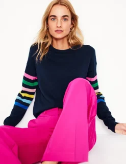 Lara Relaxed Cotton Jumper-Navy Rainbow Sleeve Stripe-Boden Discount