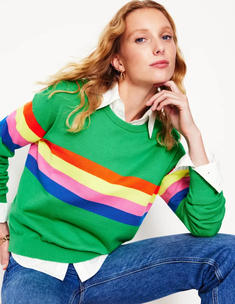 Lara Relaxed Cotton Jumper-Bright Green Chest Stripe-Boden Best Sale
