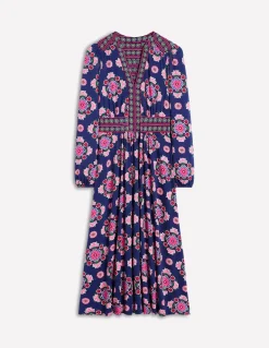 Lily Long Sleeve Midi Dress-Starboard Blue, Meadow Posy-Boden Best
