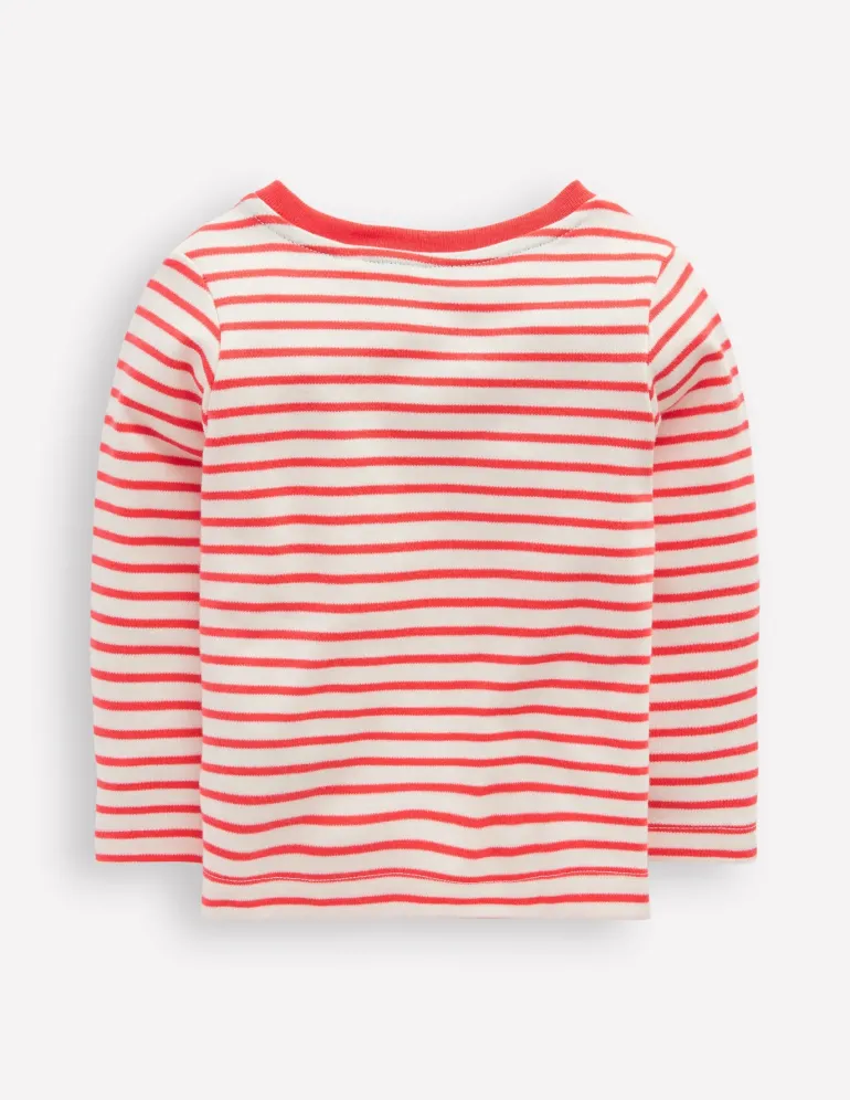 Long Sleeve Appliqué T-shirt-Soft Ivory and Jam Red Stripe-Boden Flash Sale