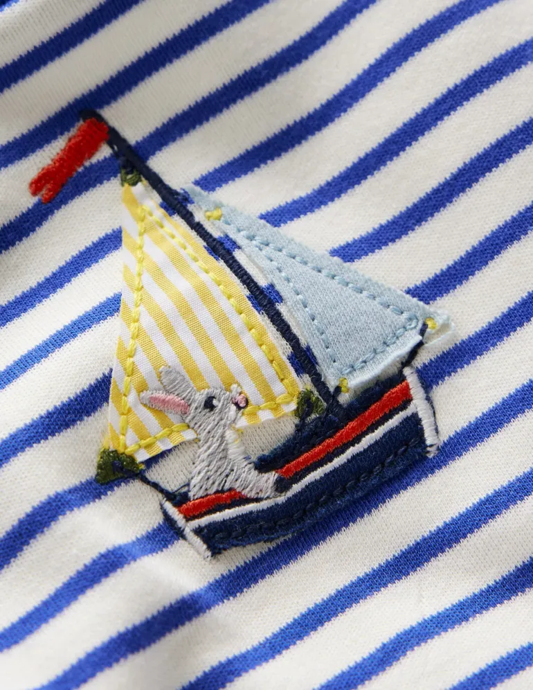 Long Sleeve Appliqué T-shirt-Ivory and Blue Heron Stripe-Boden Cheap