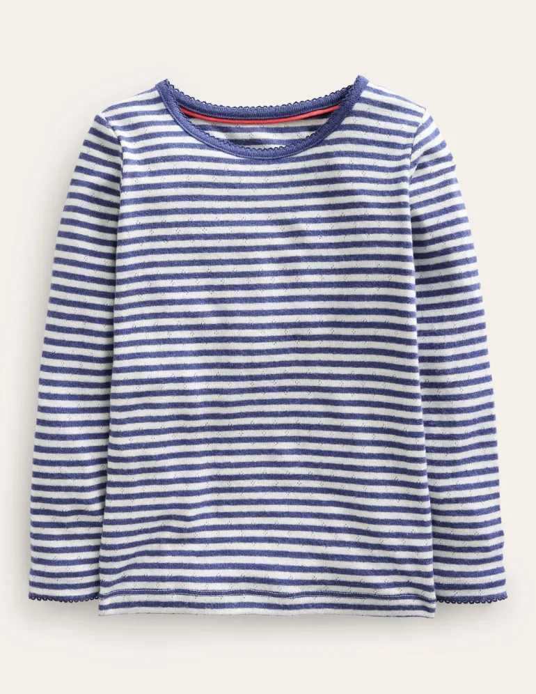 Long Sleeve Pointelle Top-Starboard Blue/Soft Ivory-Boden Shop