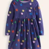 Long-Sleeved Fun Jersey Dress-College Navy Rainbow Apples-Boden Clearance
