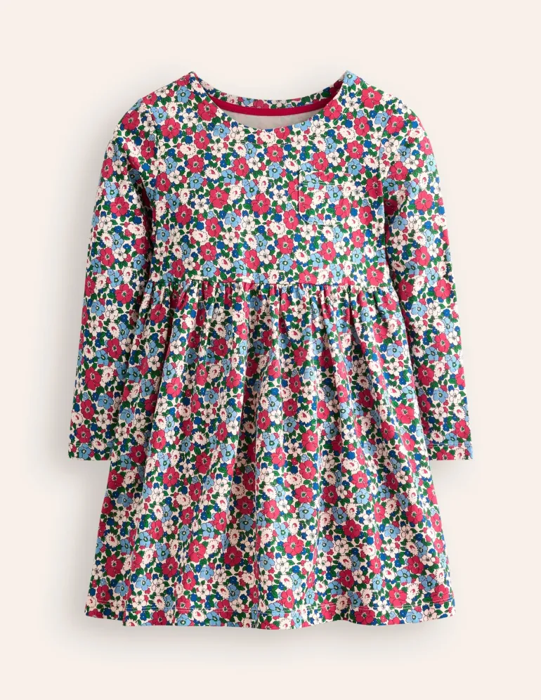 Long-Sleeved Fun Jersey Dress-Glacier Blue Winter Floral-Boden Online