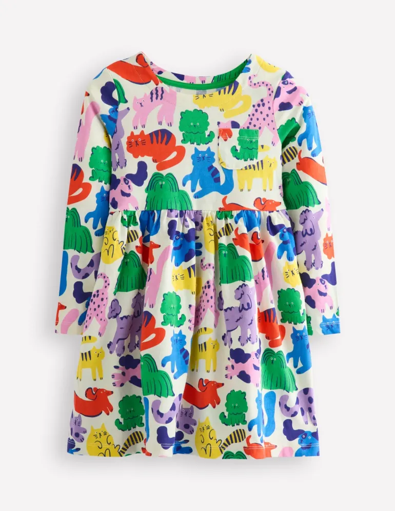 Long-Sleeved Fun Jersey Dress-Multi Oatmeal Rainbow Pets-Boden Cheap