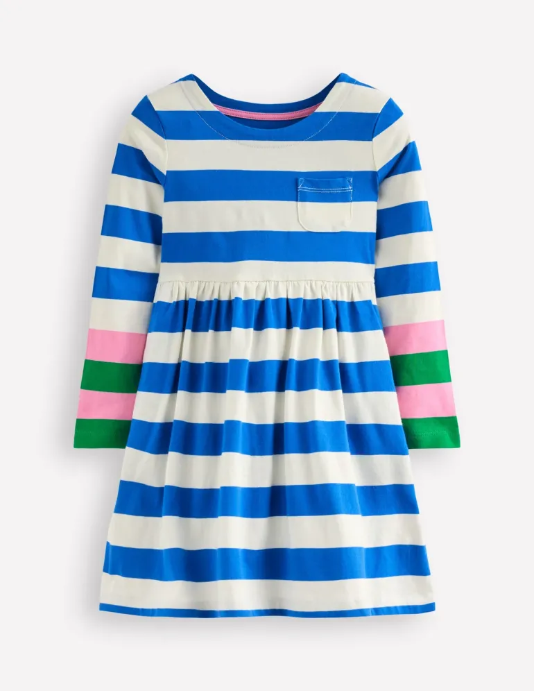 Long-Sleeved Fun Jersey Dress-Gallery Blue/ Ivory Stripe-Boden Store