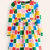 Long-Sleeved Fun Jersey Dress-Multi Chequerboard Hearts-Boden Online