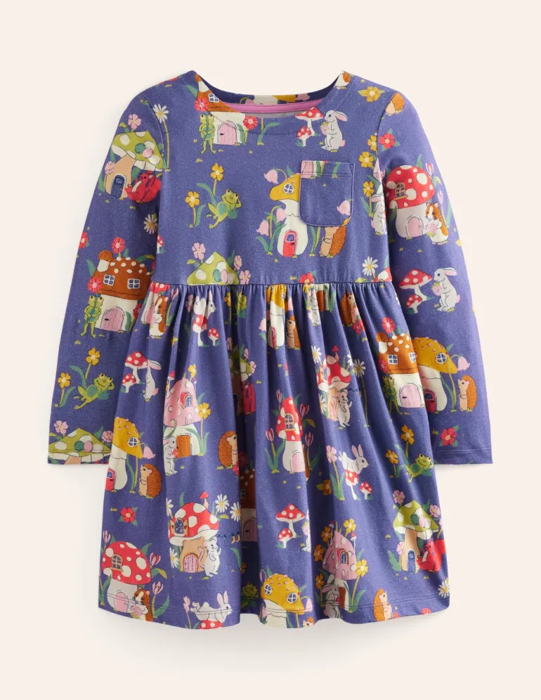 Long-Sleeved Fun Jersey Dress-Starboard Toadstool Village-Boden Flash Sale