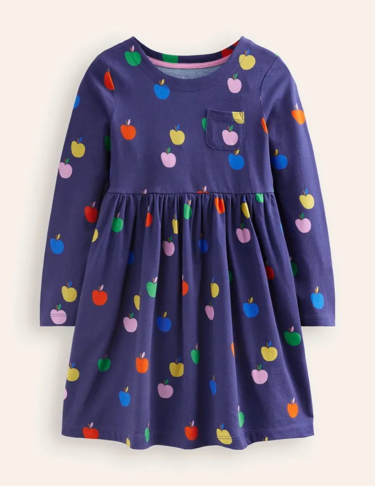 Long-Sleeved Fun Jersey Dress-College Navy Rainbow Apples-Boden Clearance