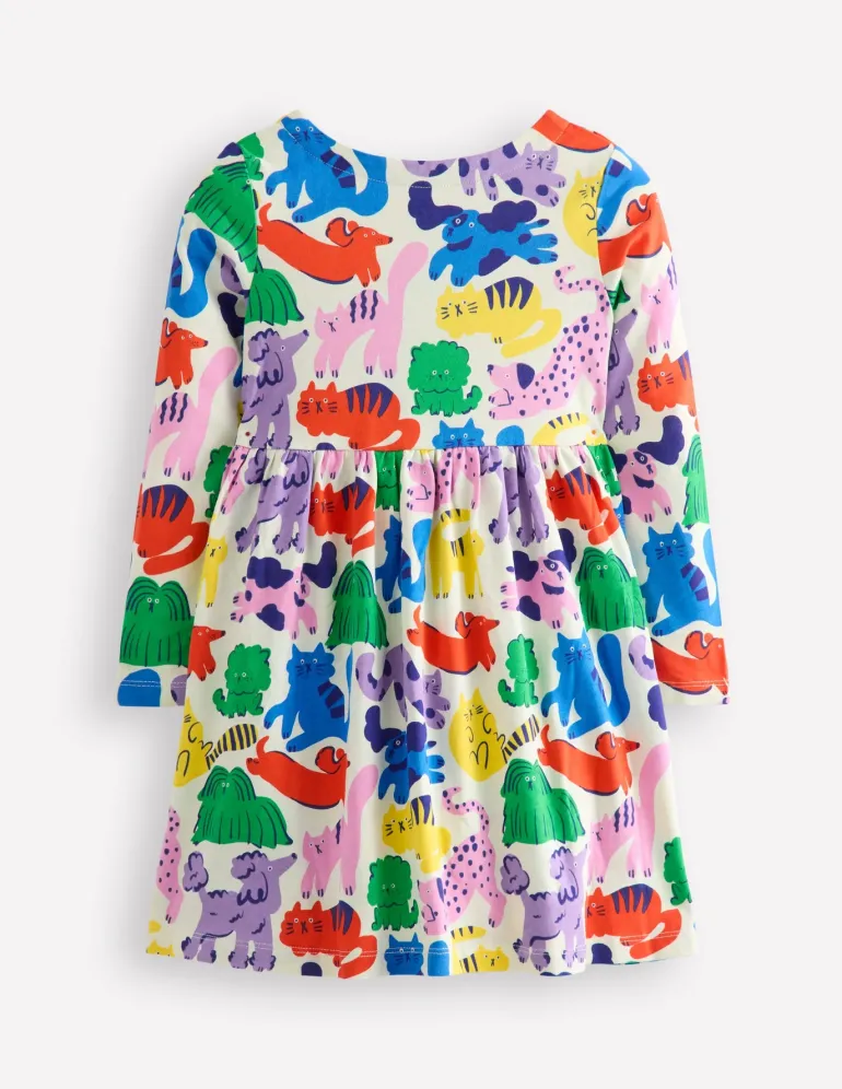 Long-Sleeved Fun Jersey Dress-Multi Oatmeal Rainbow Pets-Boden Cheap
