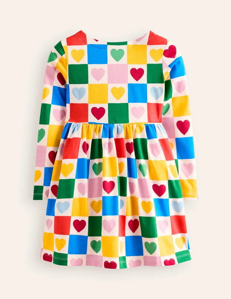 Long-Sleeved Fun Jersey Dress-Multi Chequerboard Hearts-Boden Online
