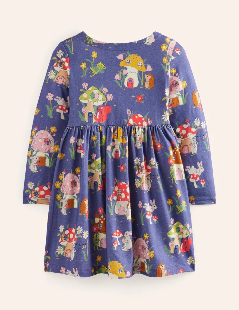Long-Sleeved Fun Jersey Dress-Starboard Toadstool Village-Boden Flash Sale