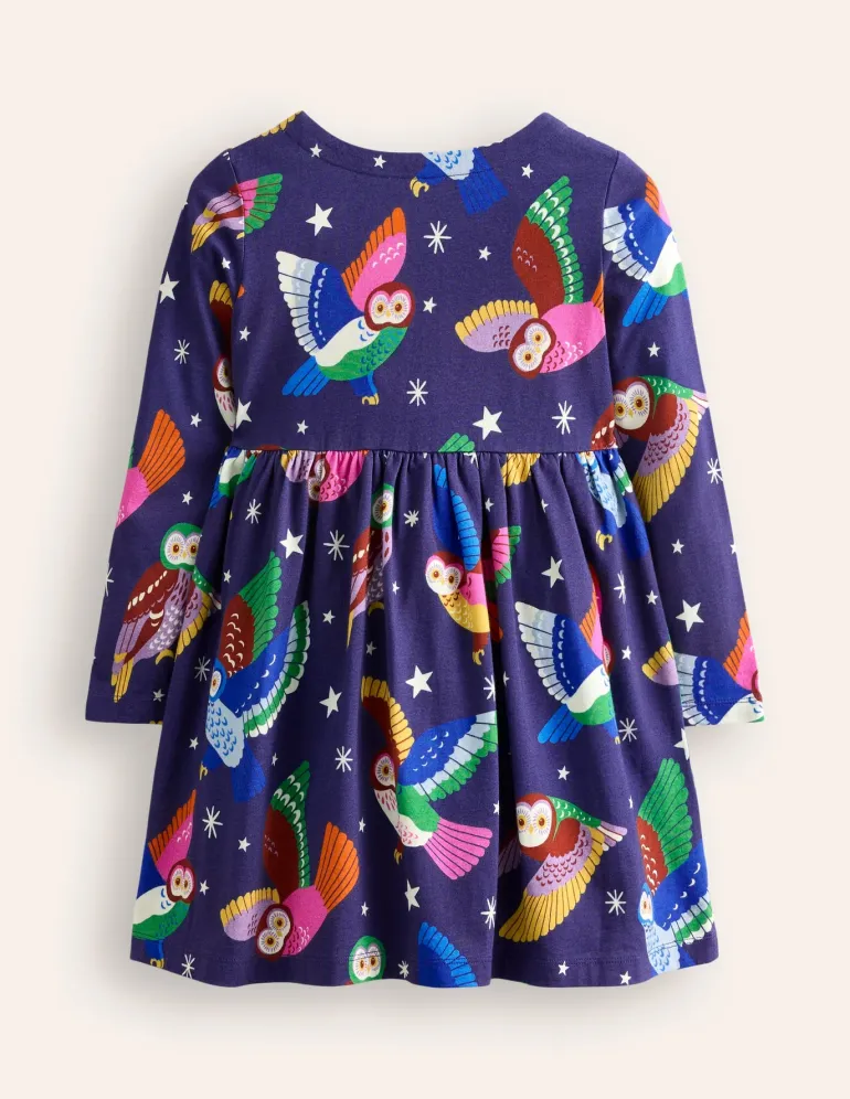 Long-Sleeved Fun Jersey Dress-College Navy Owls-Boden Fashion