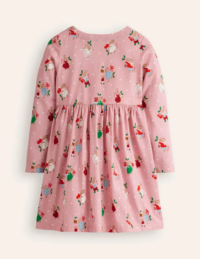 Long-Sleeved Fun Jersey Dress-Vintage Pink Festive Bunny-Boden Cheap