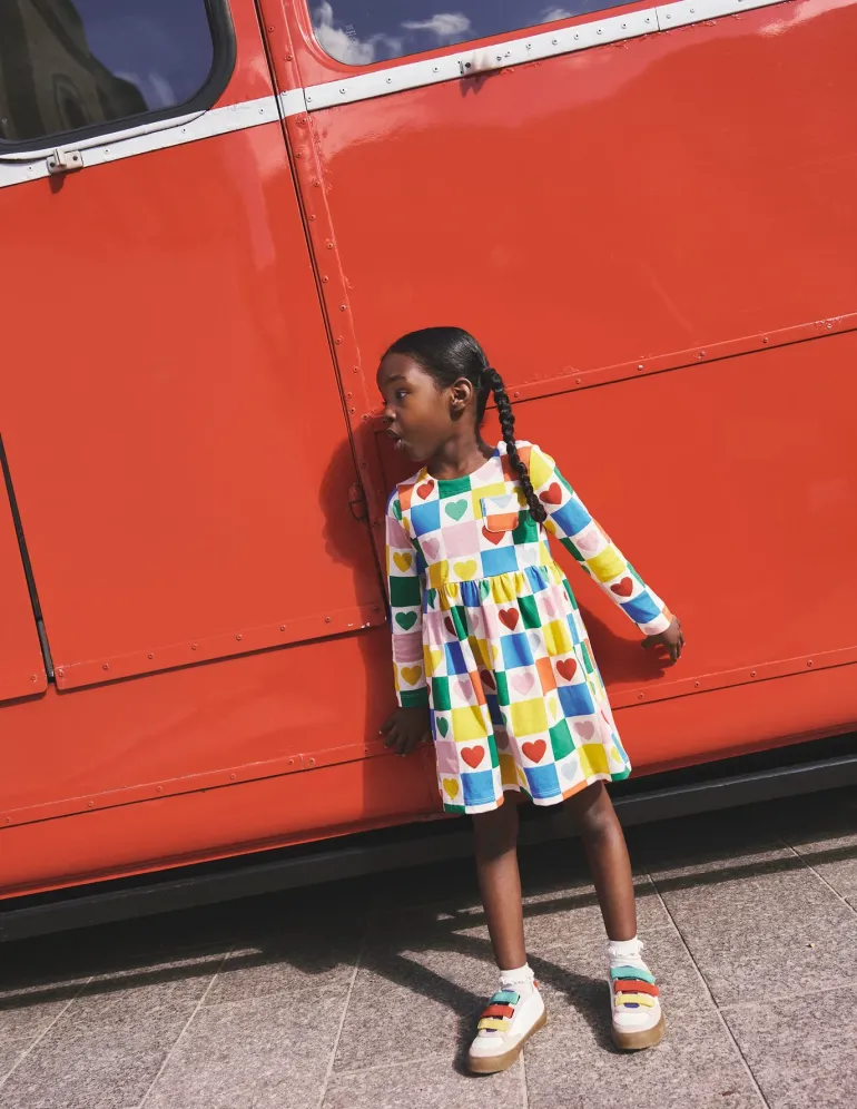 Long-Sleeved Fun Jersey Dress-Multi Chequerboard Hearts-Boden Online
