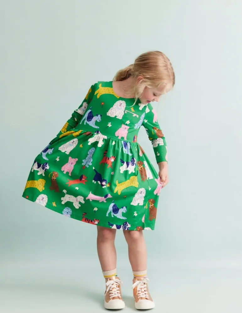Long-Sleeved Fun Jersey Dress-Green Park Play Pets-Boden Fashion