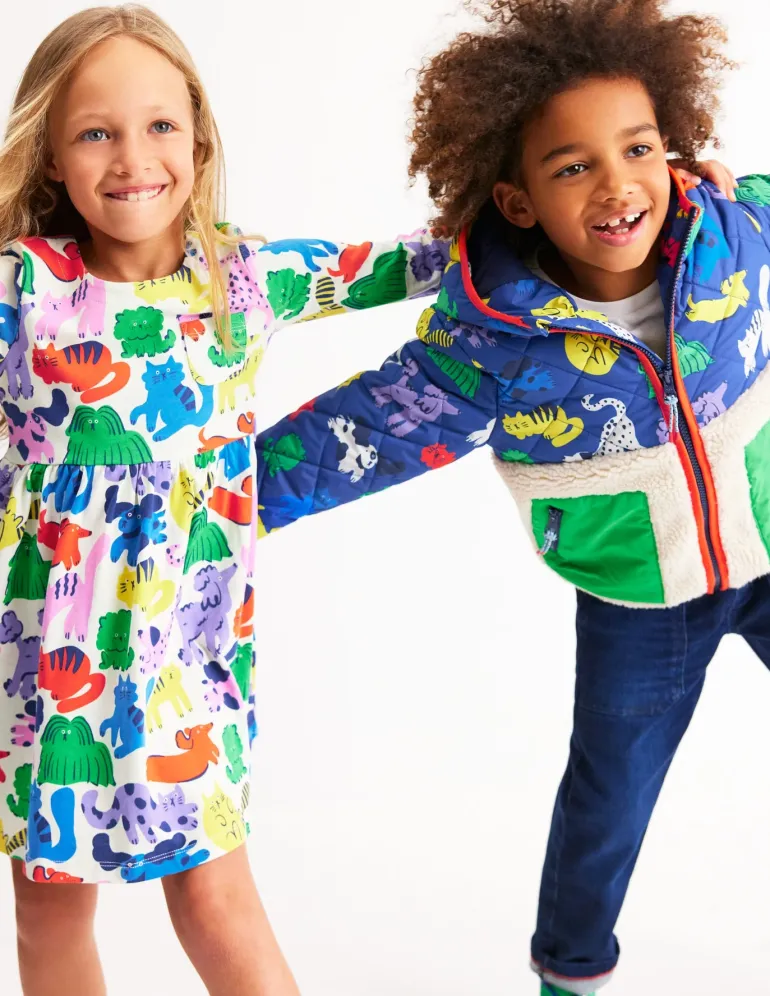 Long-Sleeved Fun Jersey Dress-Multi Oatmeal Rainbow Pets-Boden Cheap