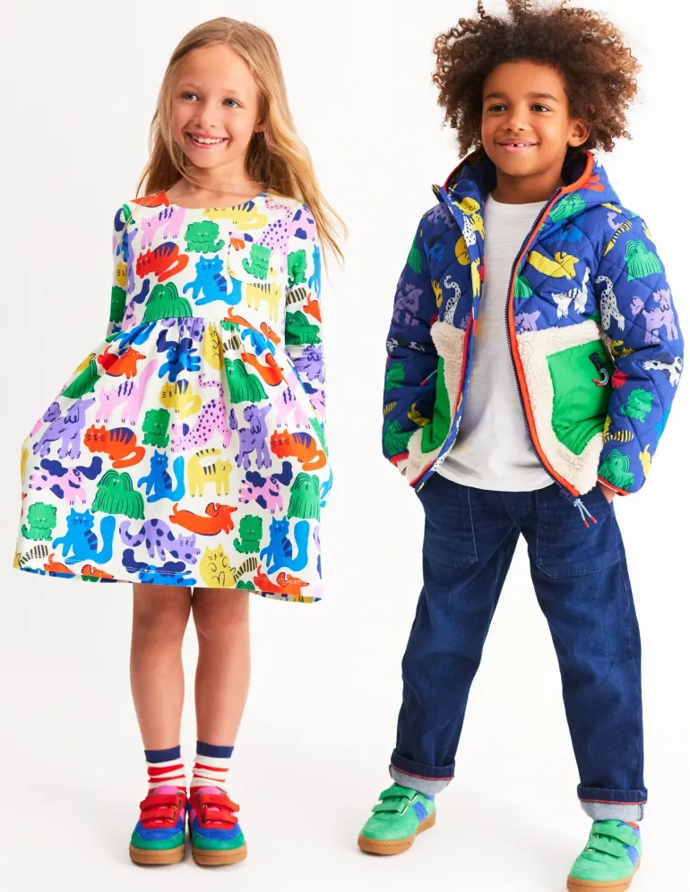 Long-Sleeved Fun Jersey Dress-Multi Oatmeal Rainbow Pets-Boden Cheap