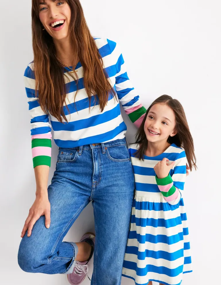 Long-Sleeved Fun Jersey Dress-Gallery Blue/ Ivory Stripe-Boden Store