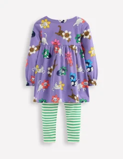 Long-sleeved print tunic set-Aster Purple Flower Cats-Boden Flash Sale