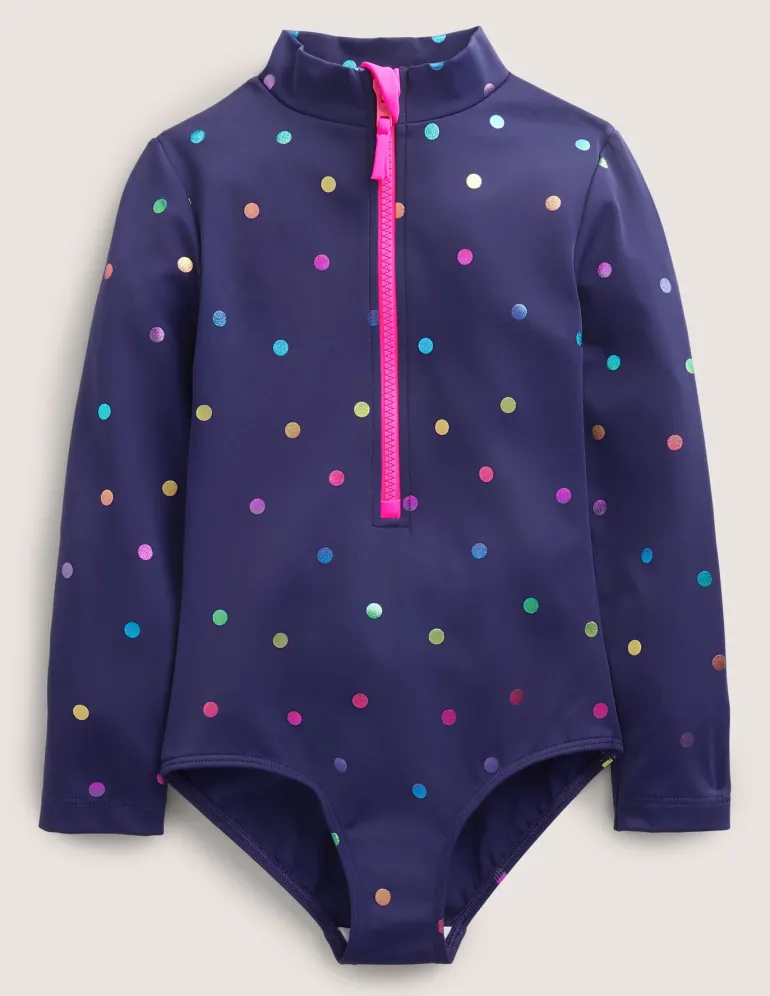 Long-Sleeved Swimsuit-Navy Rainbow Confetti Spot-Boden Best Sale