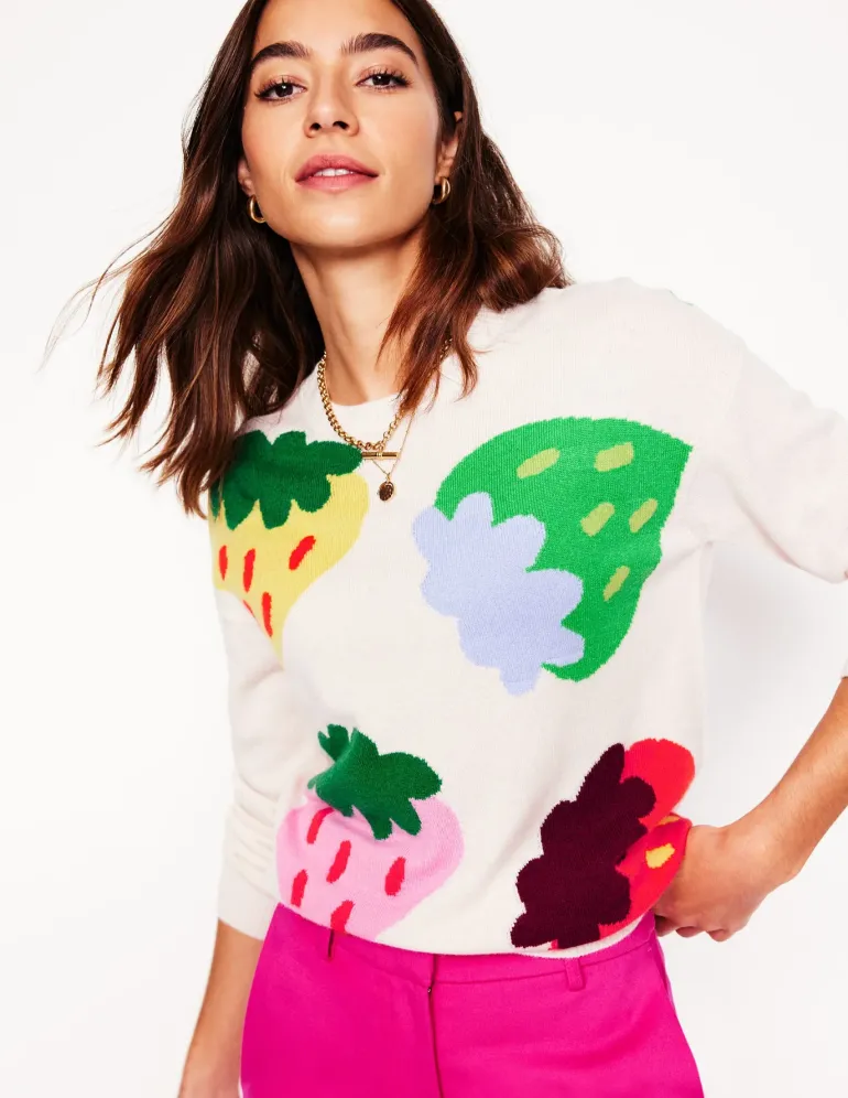 Lydia Cashmere Jumper-Ecru, Strawberries-Boden Sale