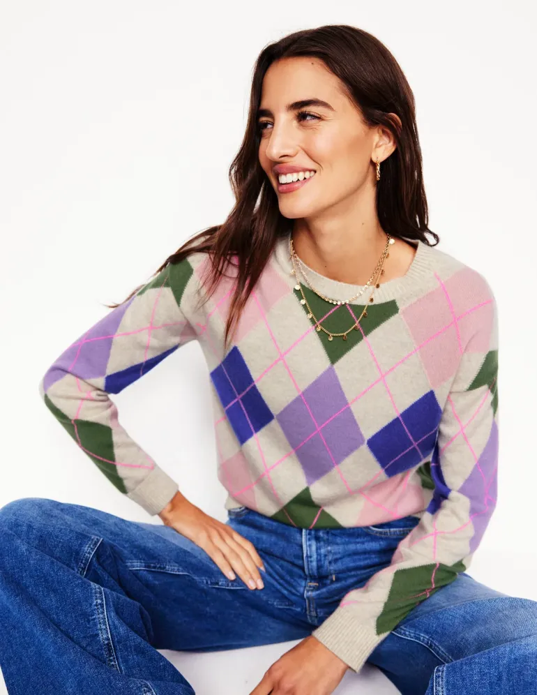 Lydia Cashmere Jumper-Green and Lilac Multi Argyle-Boden New