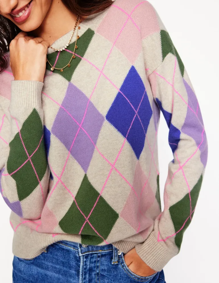 Lydia Cashmere Jumper-Green and Lilac Multi Argyle-Boden New