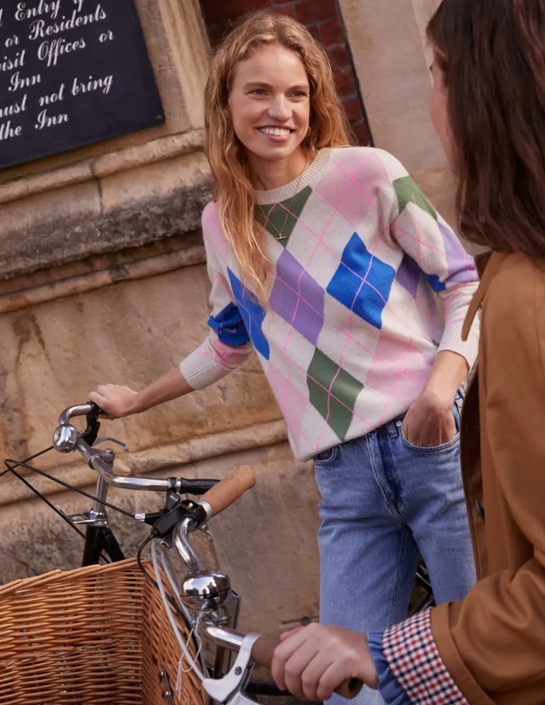 Lydia Cashmere Jumper-Green and Lilac Multi Argyle-Boden New
