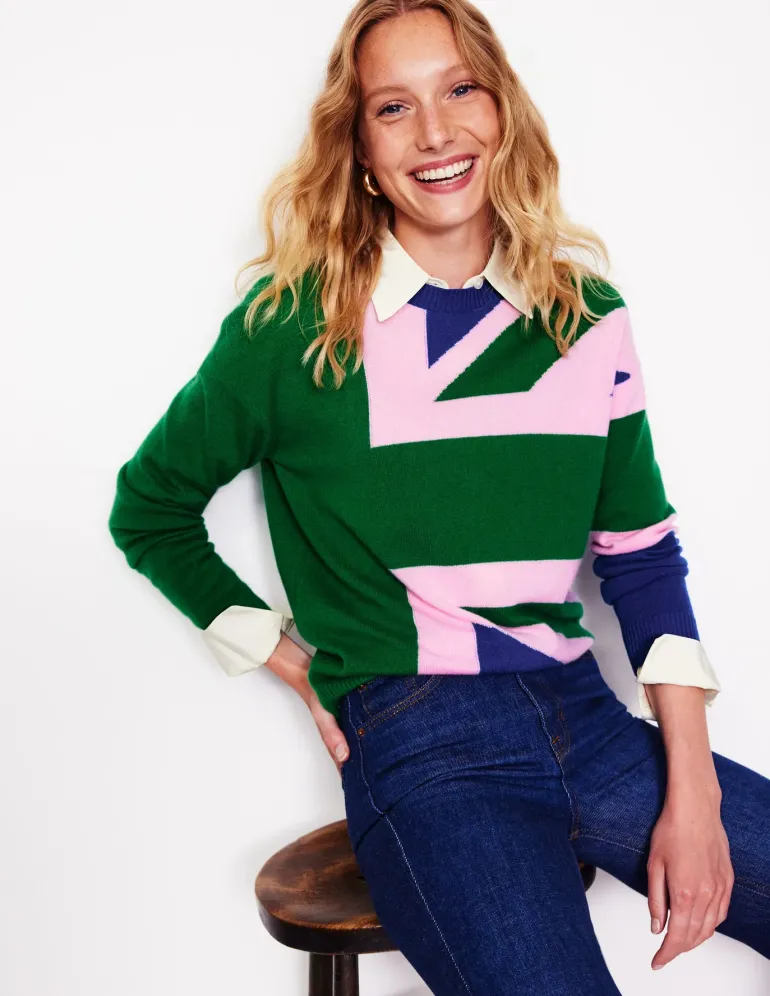 Lydia Cashmere Jumper-Rich Emerald Green, Union Jack-Boden Cheap