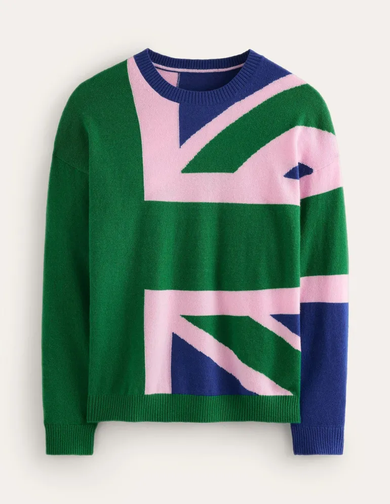 Lydia Cashmere Jumper-Rich Emerald Green, Union Jack-Boden Cheap