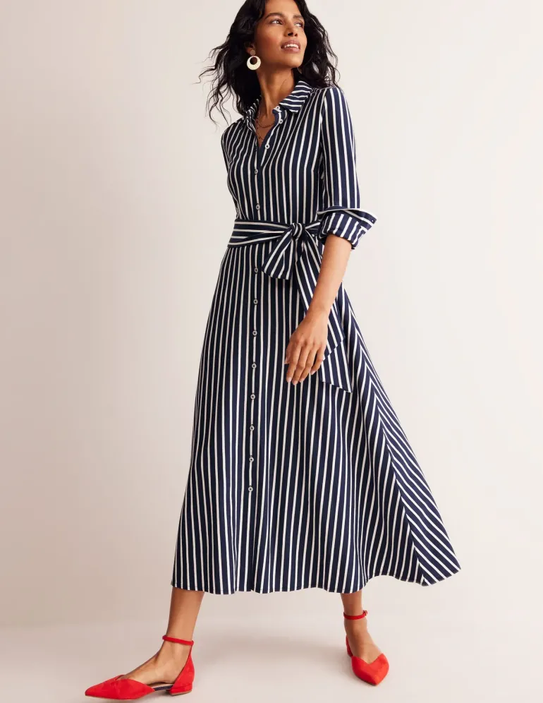 Marcia Jersey Midi Shirt Dress-Navy, Ivory Stripe-Boden Shop