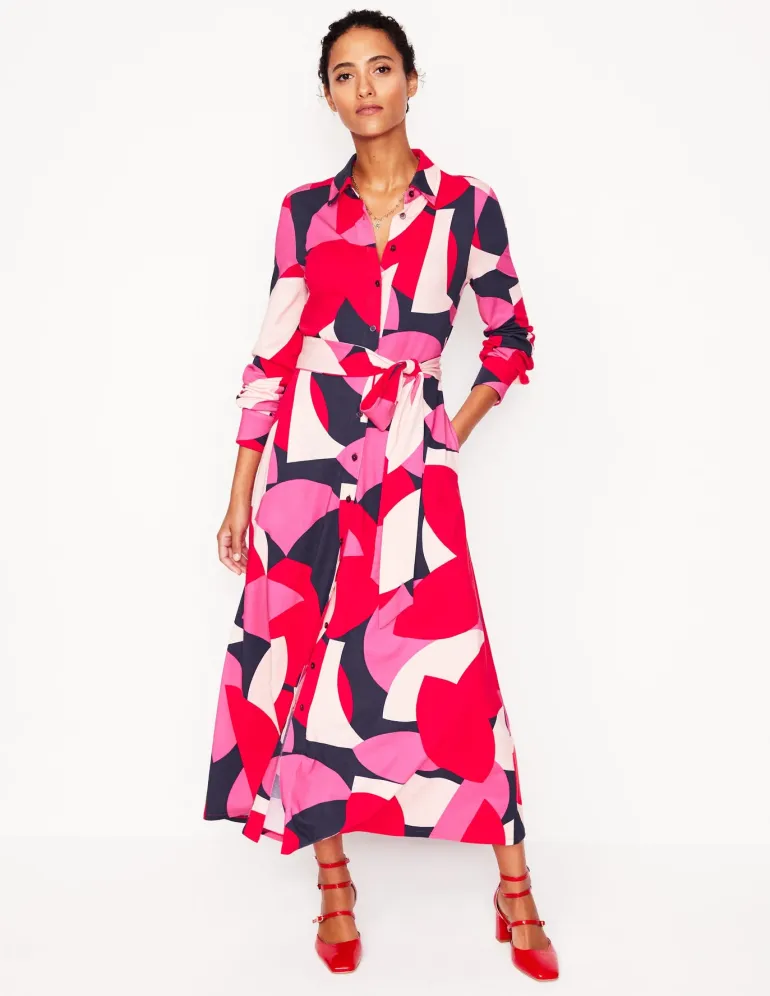 Marcia Jersey Midi Shirt Dress-Poppy Red, Geometric Shuffle-Boden Online