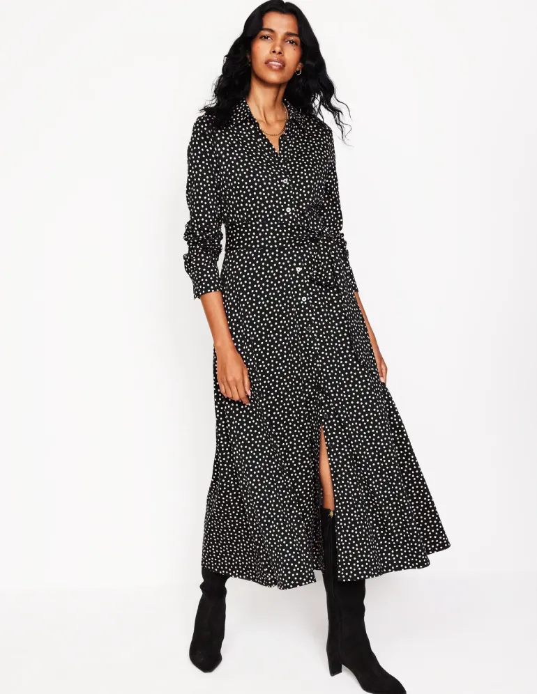 Marcia Jersey Midi Shirt Dress-Black, Abstract Dot-Boden Best