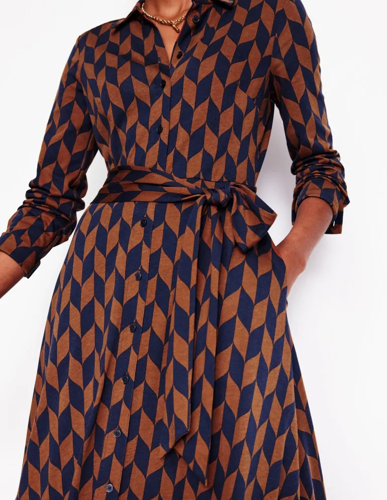 Marcia Jersey Midi Shirt Dress-Cognac, Chevron Swirl-Boden Clearance