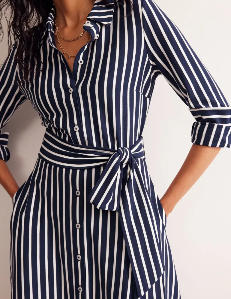 Marcia Jersey Midi Shirt Dress-Navy, Ivory Stripe-Boden Shop