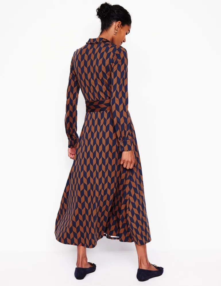 Marcia Jersey Midi Shirt Dress-Cognac, Chevron Swirl-Boden Clearance