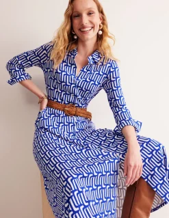 Marcia Jersey Midi Shirt Dress-Sapphire Blue, Falling Geo-Boden Clearance