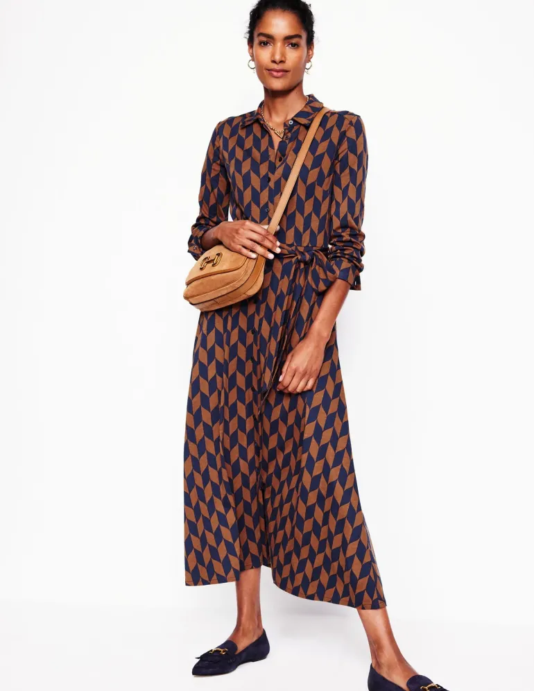 Marcia Jersey Midi Shirt Dress-Cognac, Chevron Swirl-Boden Clearance