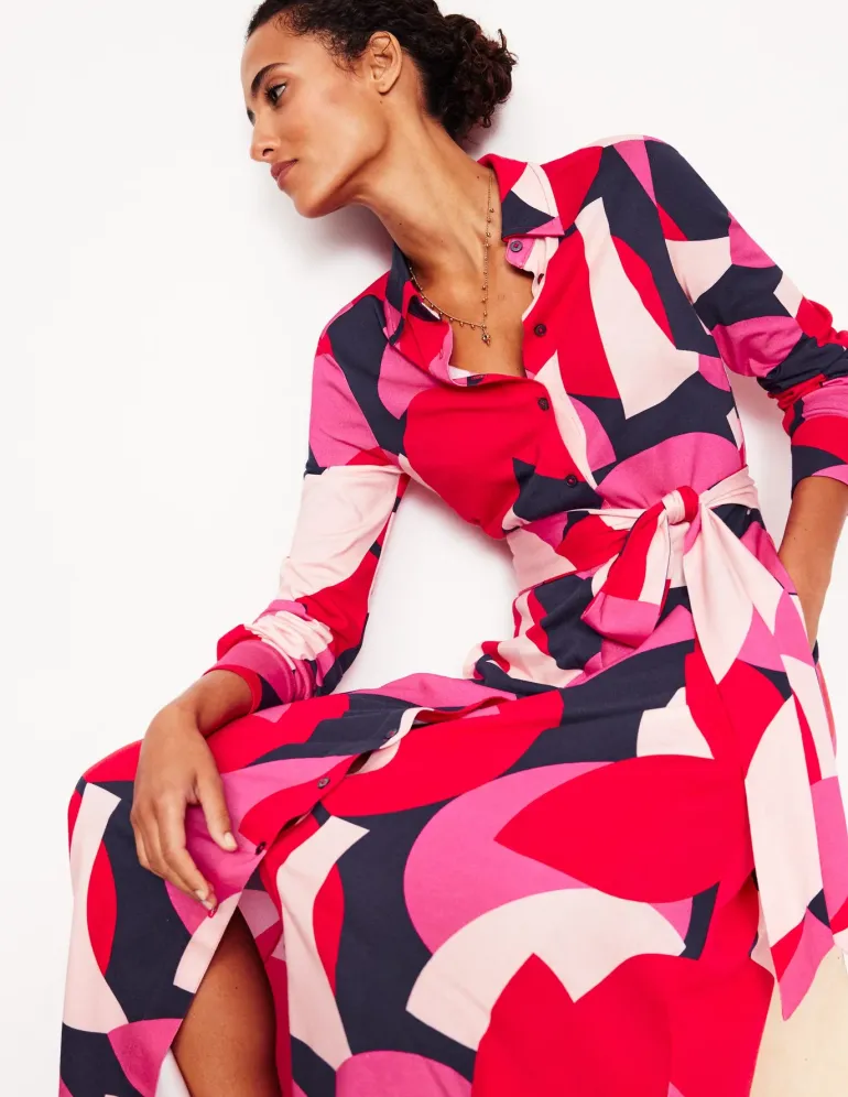 Marcia Jersey Midi Shirt Dress-Poppy Red, Geometric Shuffle-Boden Online