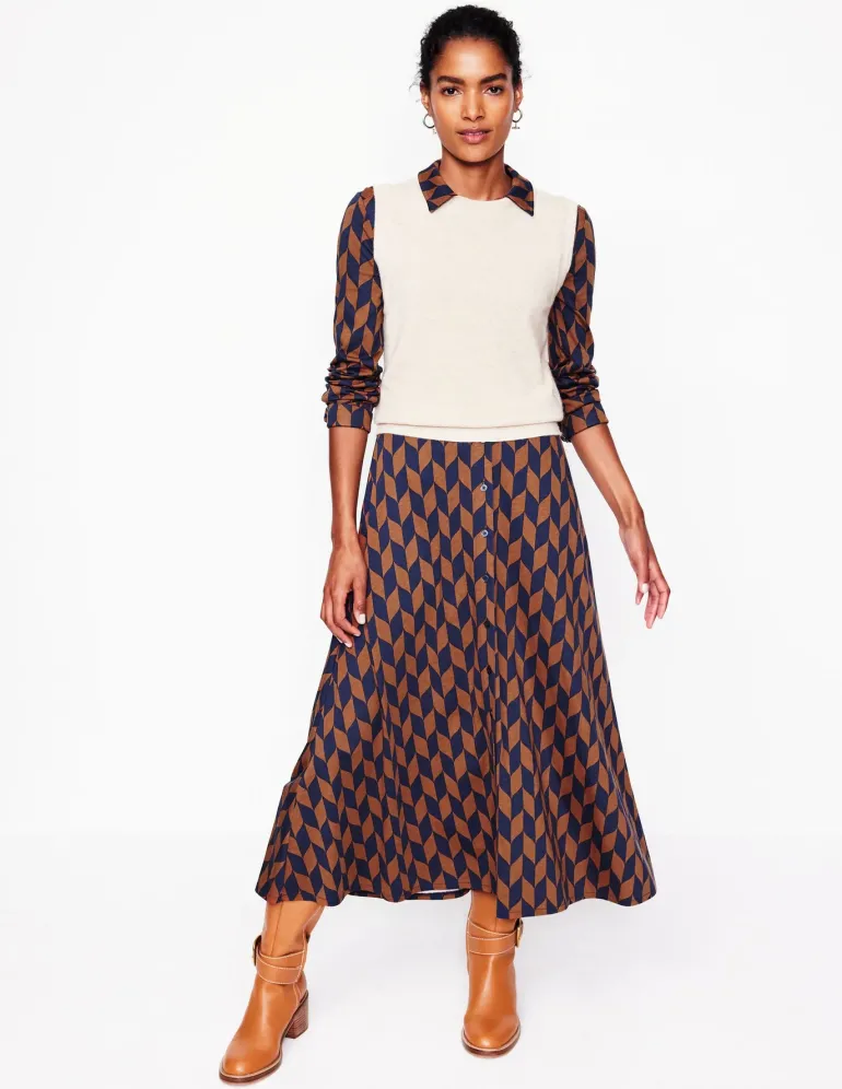 Marcia Jersey Midi Shirt Dress-Cognac, Chevron Swirl-Boden Clearance