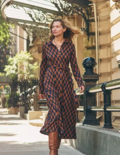 Marcia Jersey Midi Shirt Dress-Cognac, Chevron Swirl-Boden Clearance