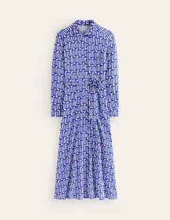 Marcia Jersey Midi Shirt Dress-Sapphire Blue, Falling Geo-Boden Clearance