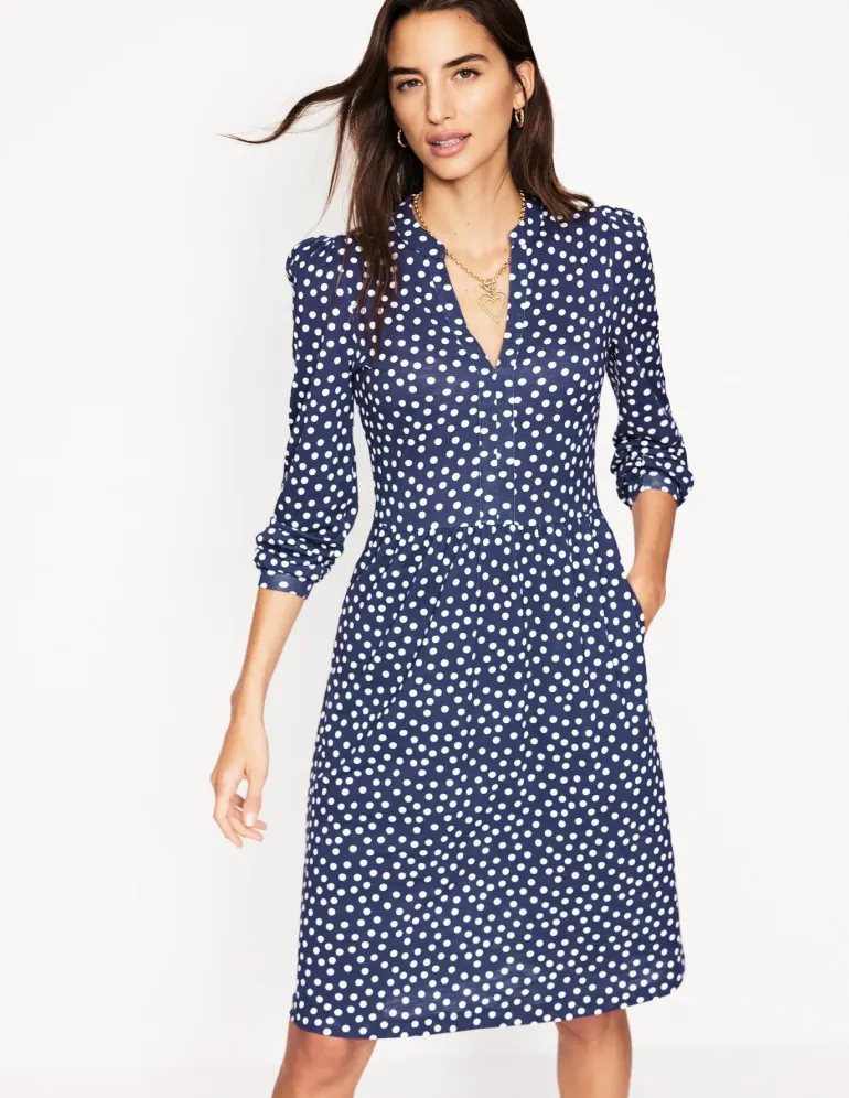 Naomi Relaxed Jersey Dress-French Navy, Abstract Dot-Boden Shop