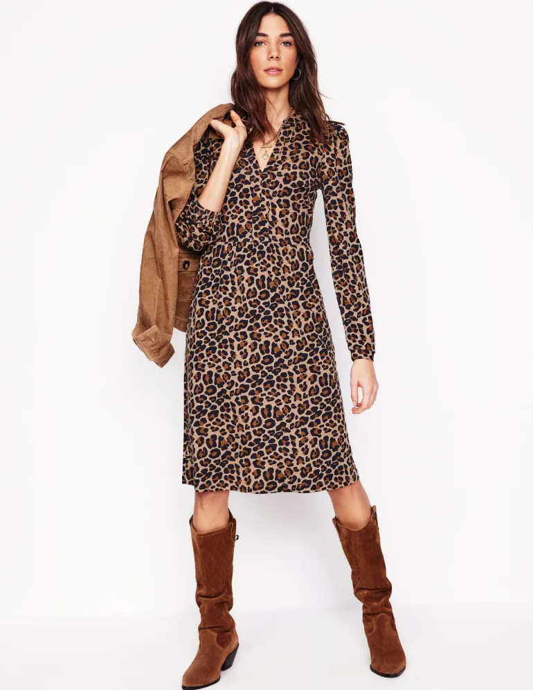 Naomi Relaxed Jersey Dress-Camel, Cheetah Pop-Boden Shop
