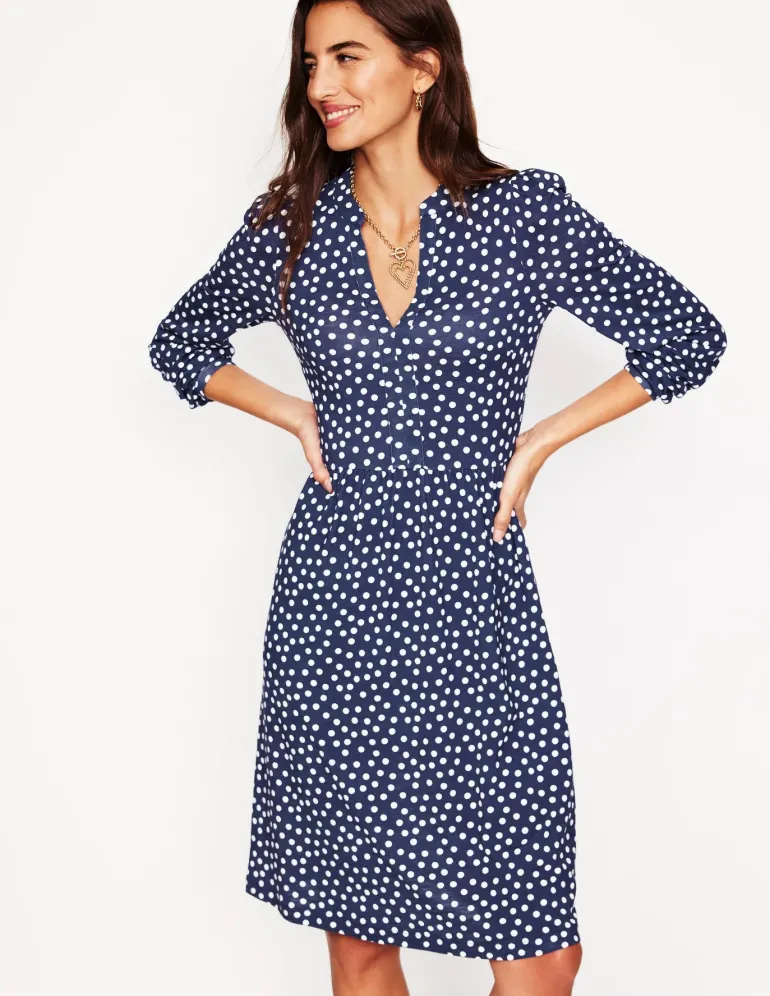 Naomi Relaxed Jersey Dress-French Navy, Abstract Dot-Boden Shop