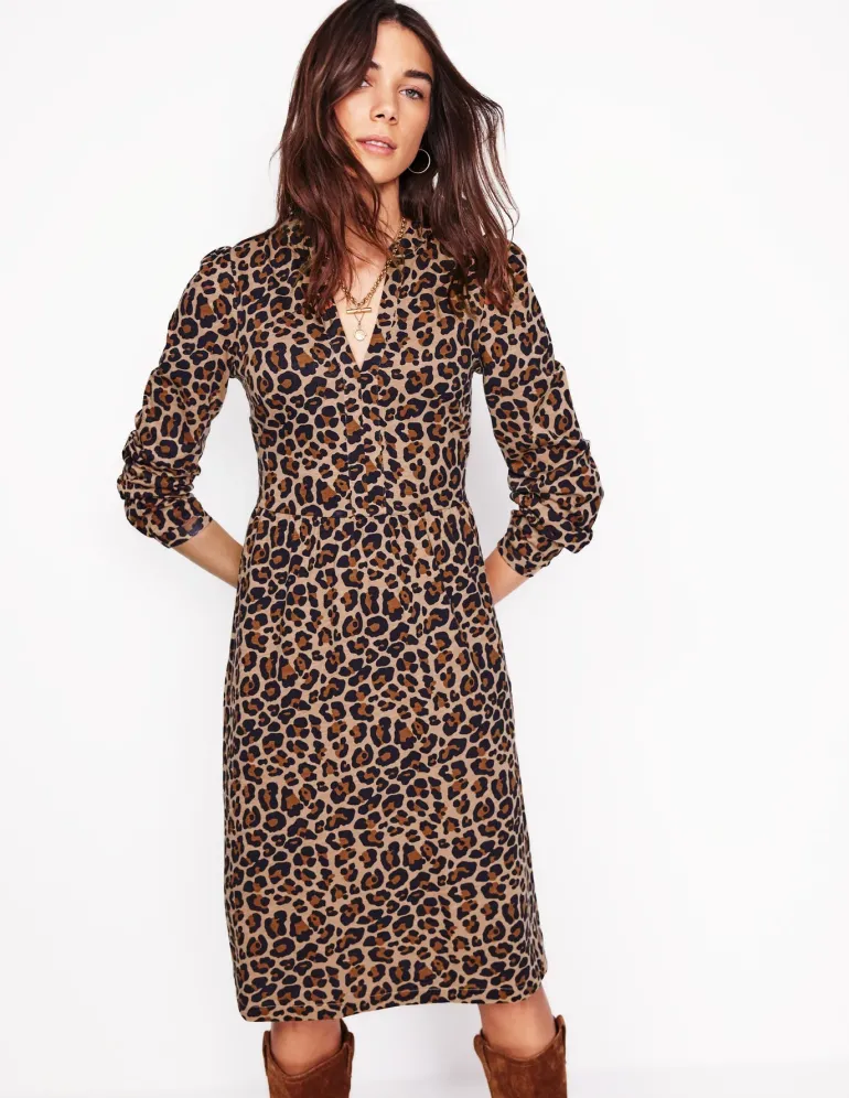 Naomi Relaxed Jersey Dress-Camel, Cheetah Pop-Boden Shop