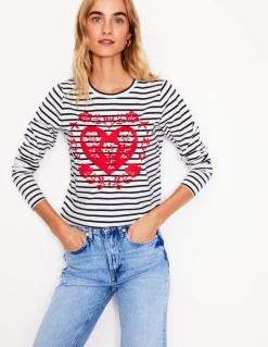 Novelty Long Sleeve Jersey Top-Ivory, Navy Heart-Boden Hot
